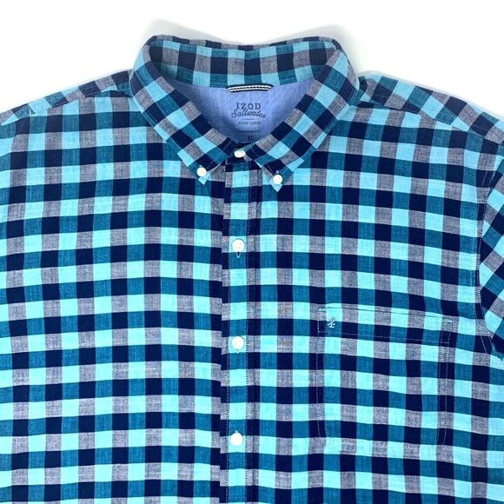IZOD Saltwater Teal‎ Blue Check Men's Short Sleeve Shirt Size XL